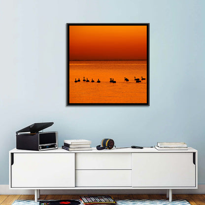 Geese Silhouettes at Orange Sunset Wall Art