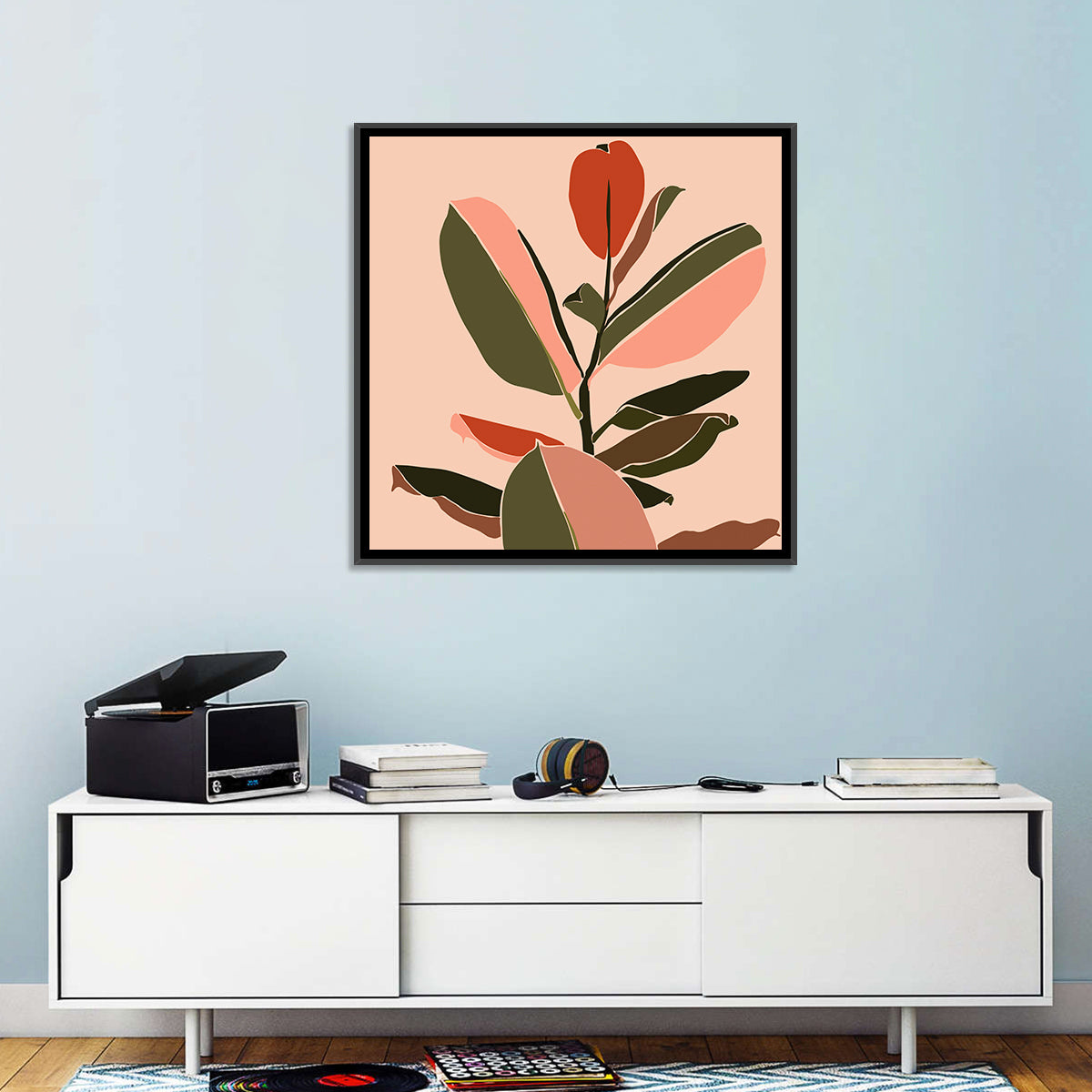 Ficus Leaves Silhouette Wall Art in a room, square
