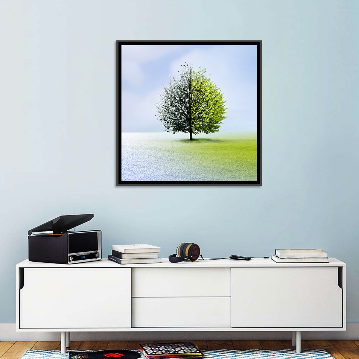 Winter to Spring Tree Wall Art in a room, square