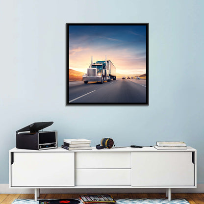 Semi Truck Highway Sunset Wall Art