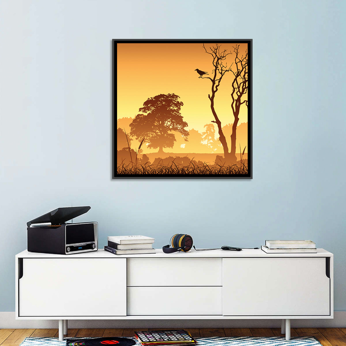 Golden Mist Tree Silhouettes with Crow Wall Art