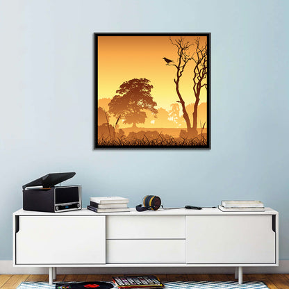 Golden Mist Tree Silhouettes with Crow Wall Art