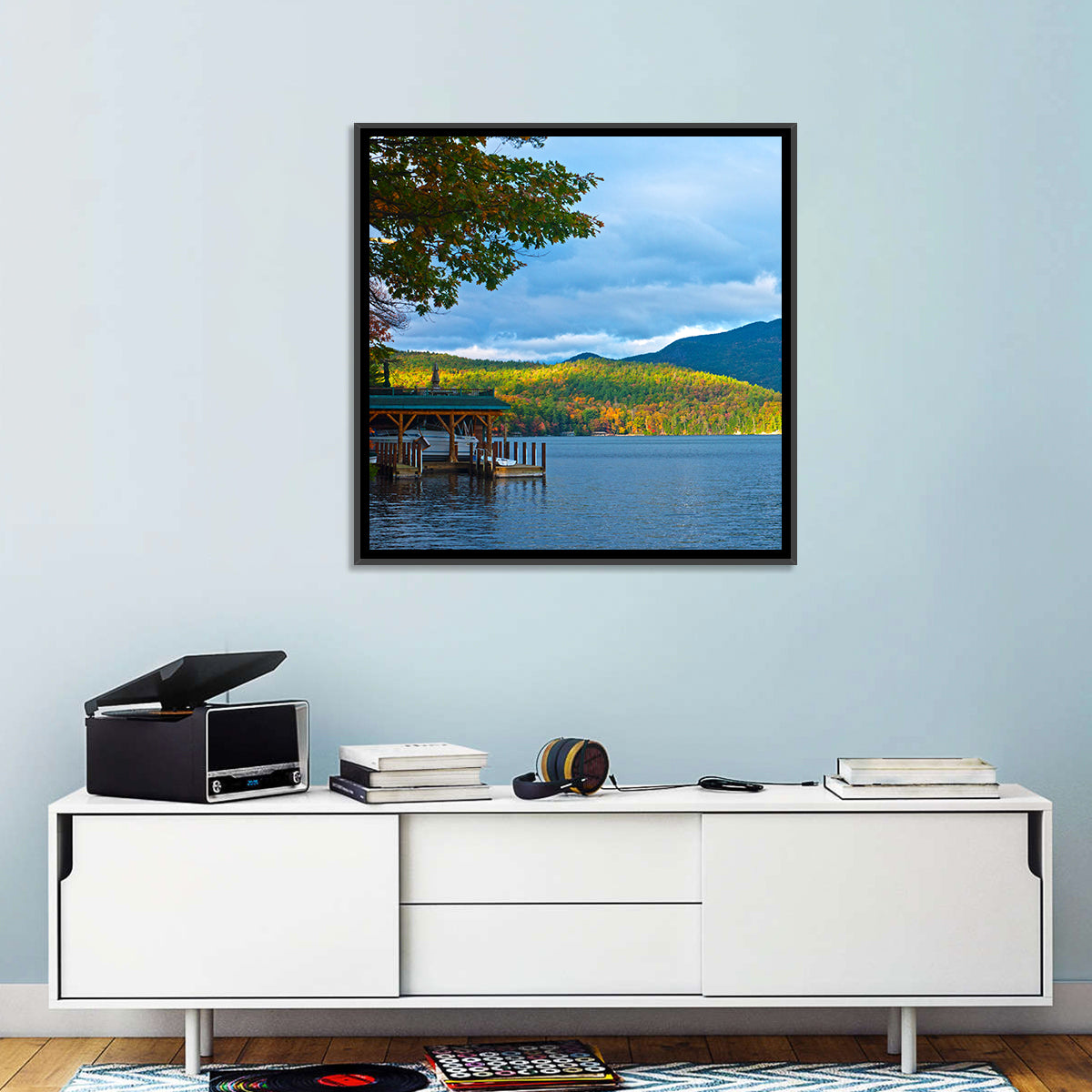 Lake George Boathouse in Autumn Wall Art