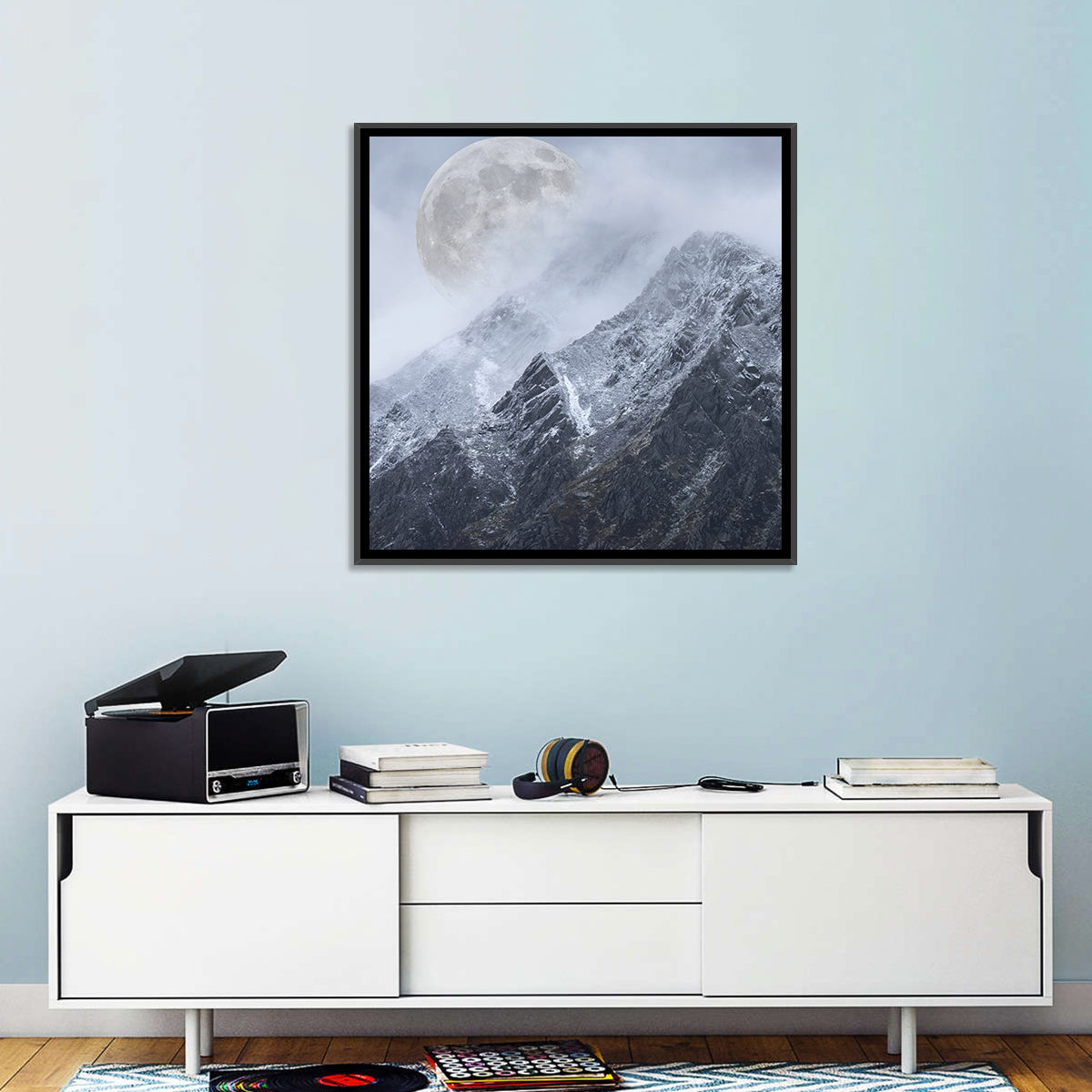 Supermoon Over Snow-capped Peaks Wall Art in a room, square