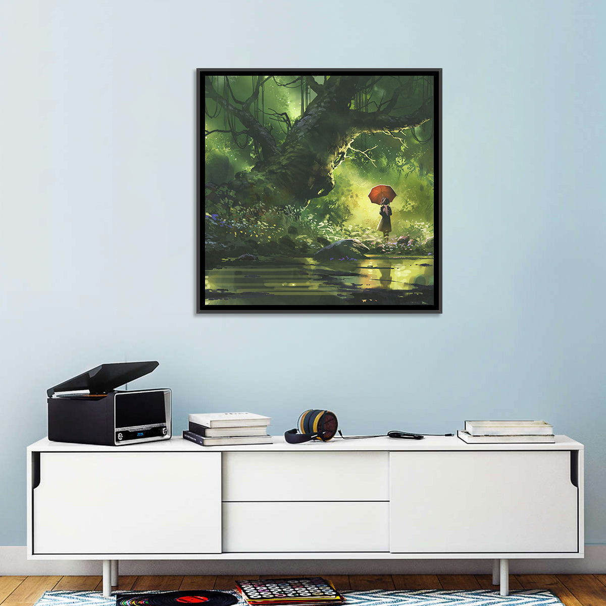 Girl with Umbrella in Mysterious Forest Wall Art