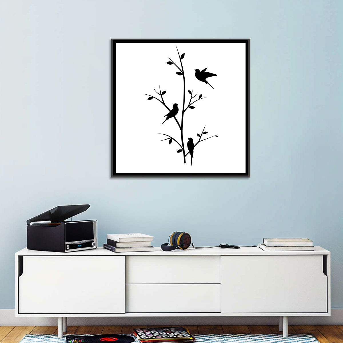 Three Birds on Branch Silhouette Wall Art