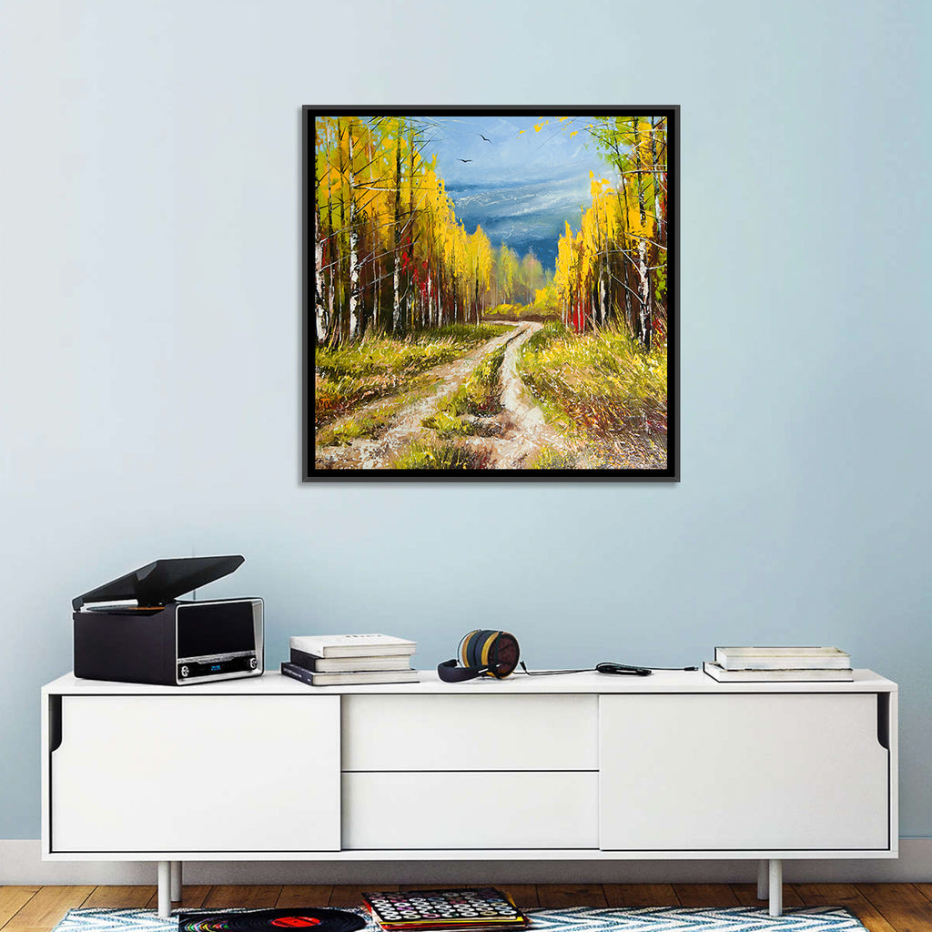 Autumn Birch Path with Two Birds Wall Art