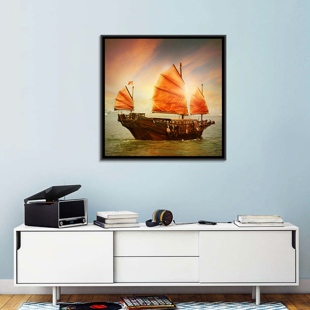 Red Sailed Junk at Victoria Harbour Wall Art