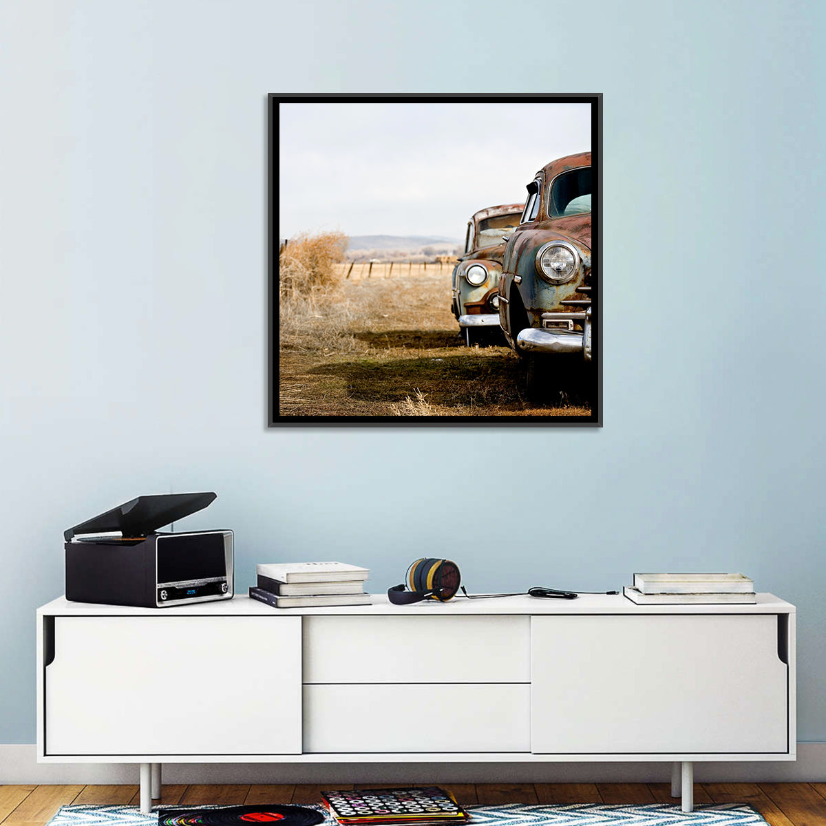 Abandoned Rusty Vintage Cars Behind Barbed Wire Wall Art