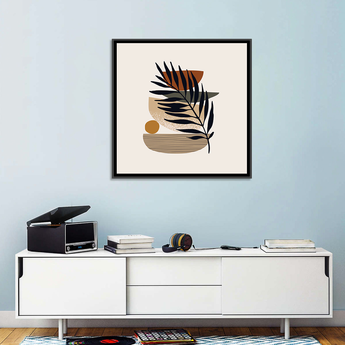 Balanced Palm Leaf Abstract Wall Art in a room, square