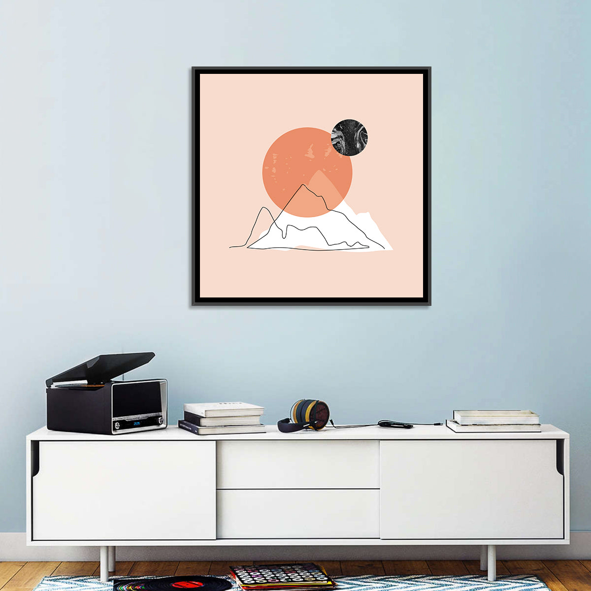 Mountain Peak and Sun Wall Art in a room, square