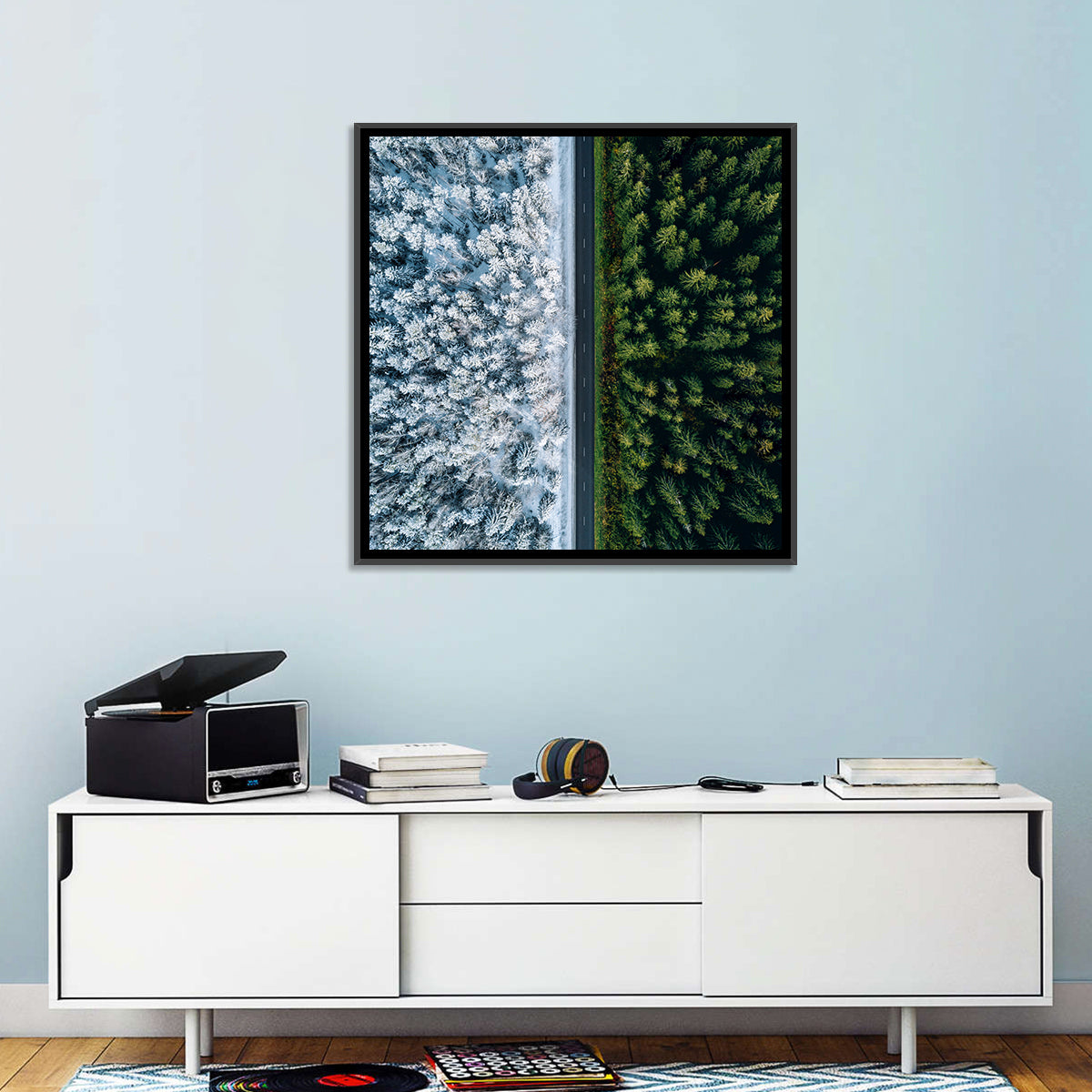 Summer and Winter Forests Wall Art in a room, square