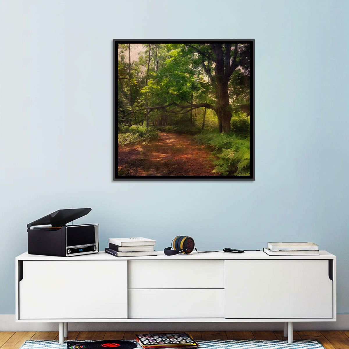 Sunlit Forest Trail Wall Art in a room, square