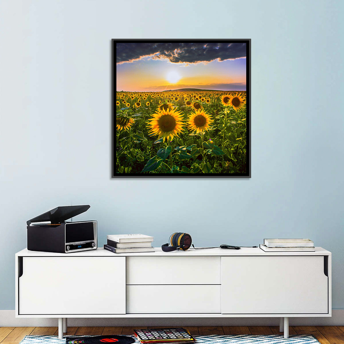 Sunflower Field at Golden Hour Wall Art in a room, square