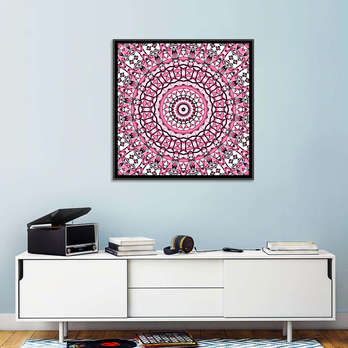 Pink Mosaic Kaleidoscope Mandala Wall Art in a room, square