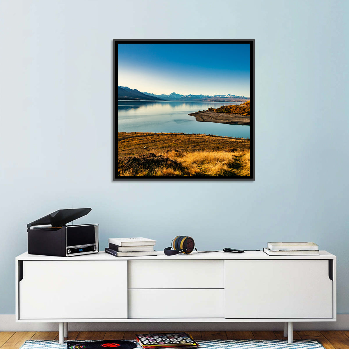 Lake Pukaki Golden Hour with Mount Cook Wall Art in a room, square