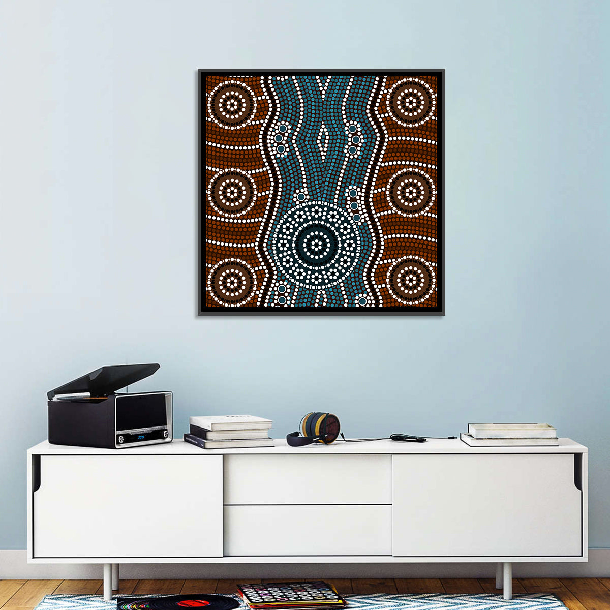 Concentric River Dot Painting Wall Art in a room, square