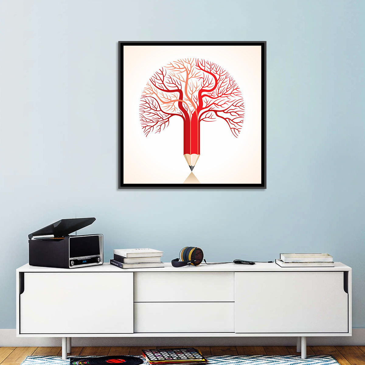 Knowledge Tree Pencil Illustration Wall Art in a room, square