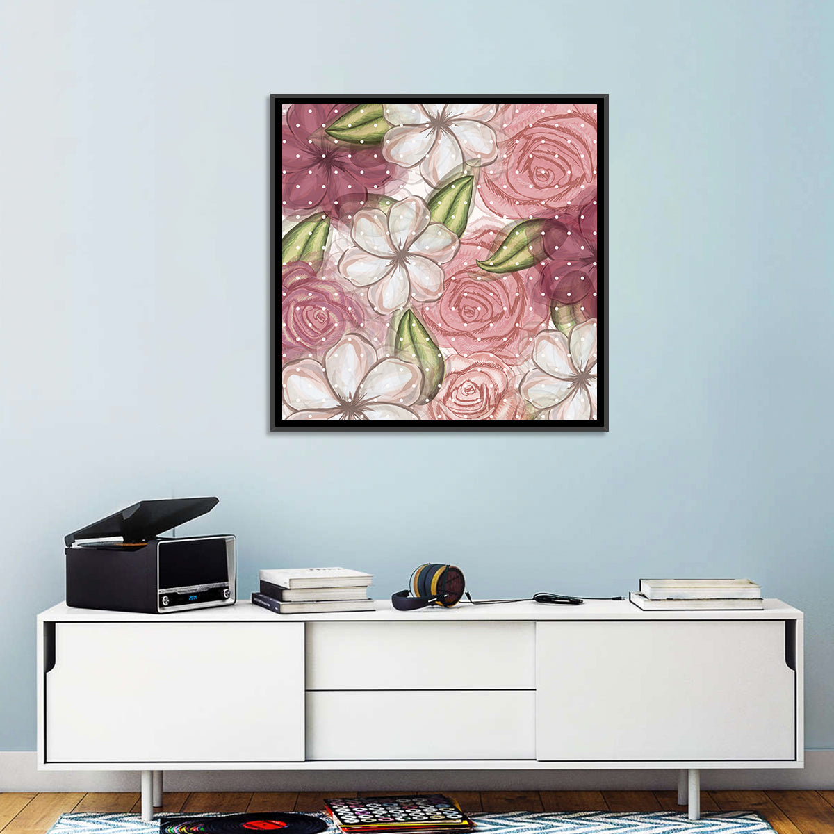 Vintage Floral Pattern with Polka Dots Wall Art in a room, square