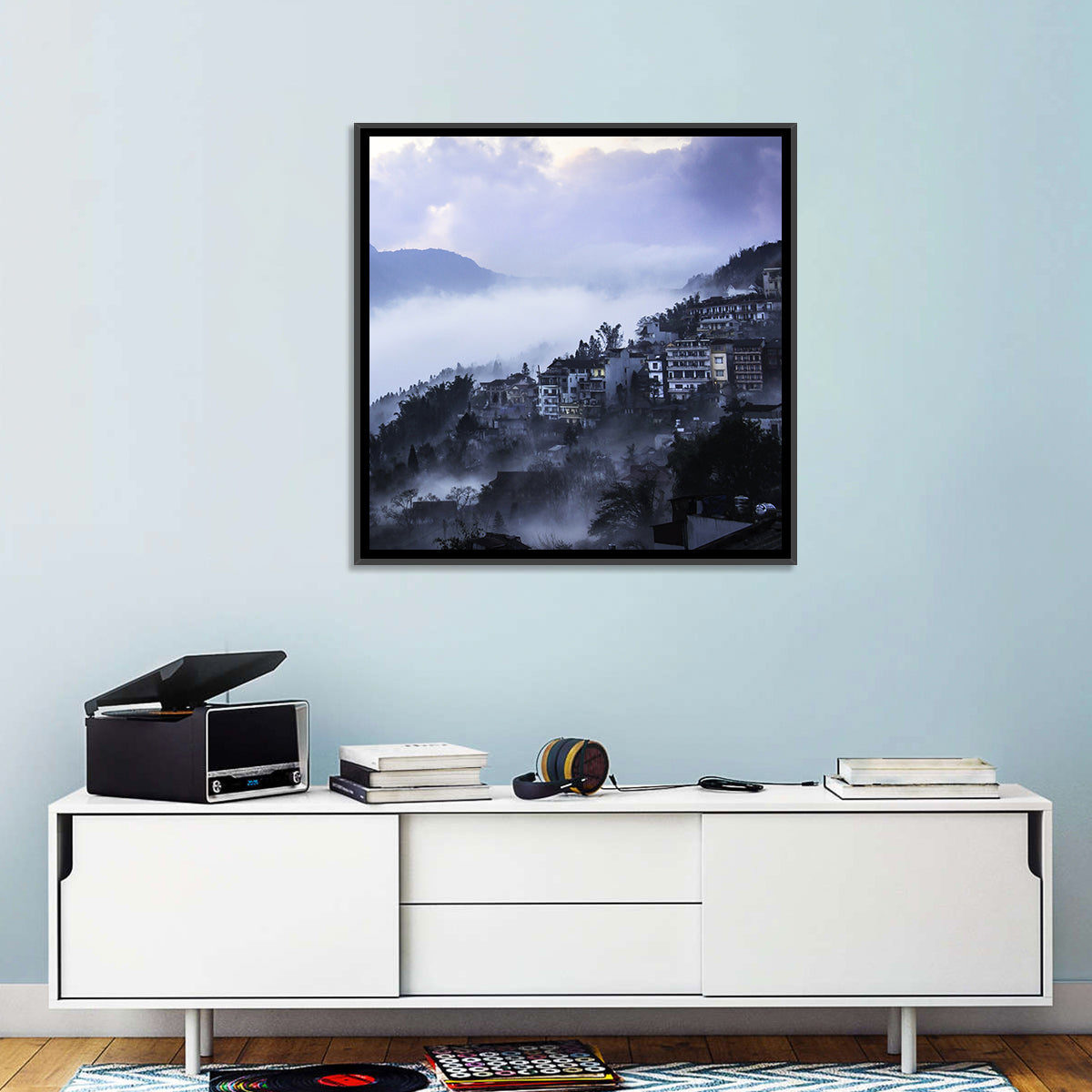 Misty Hillside Town Wall Art