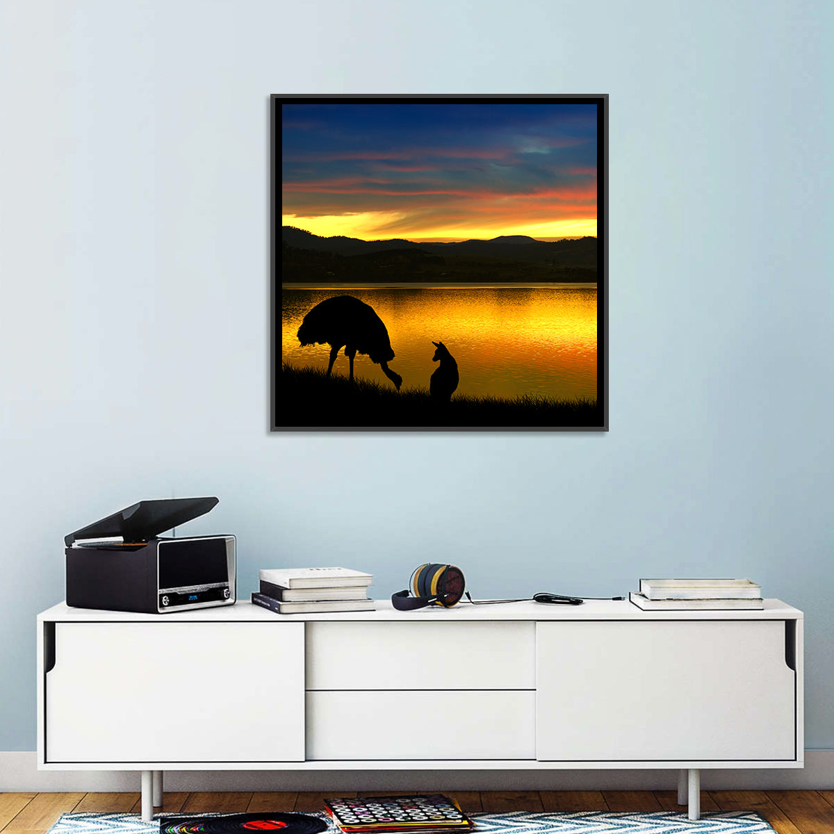 Kangaroo and Emu at Lake Sunset Wall Art