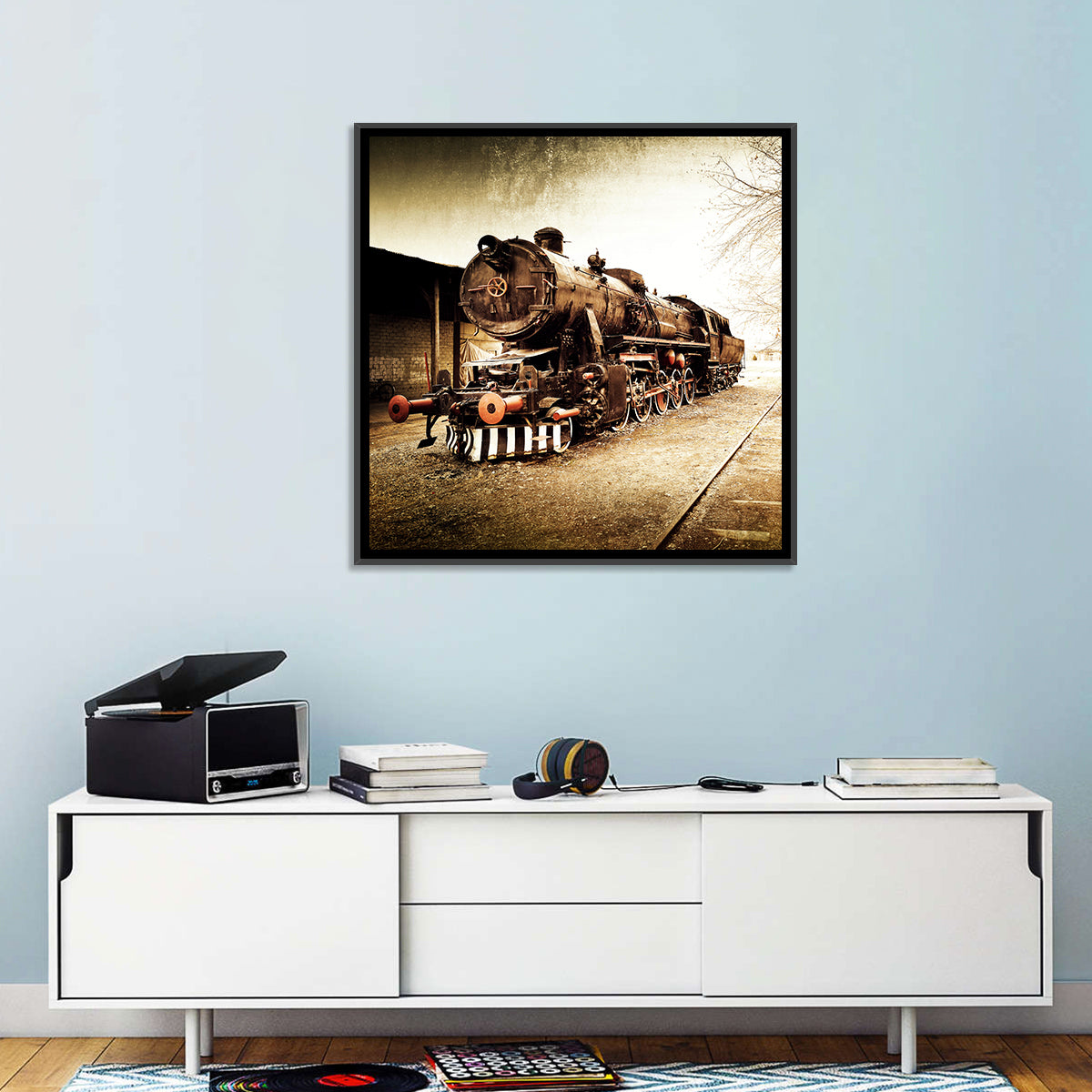 Sepia Steam Locomotive on Rusted Tracks Wall Art