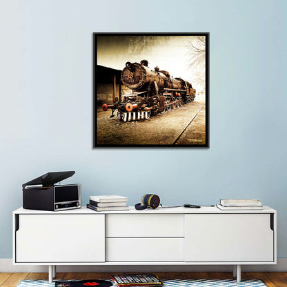 Sepia Steam Locomotive on Rusted Tracks Wall Art