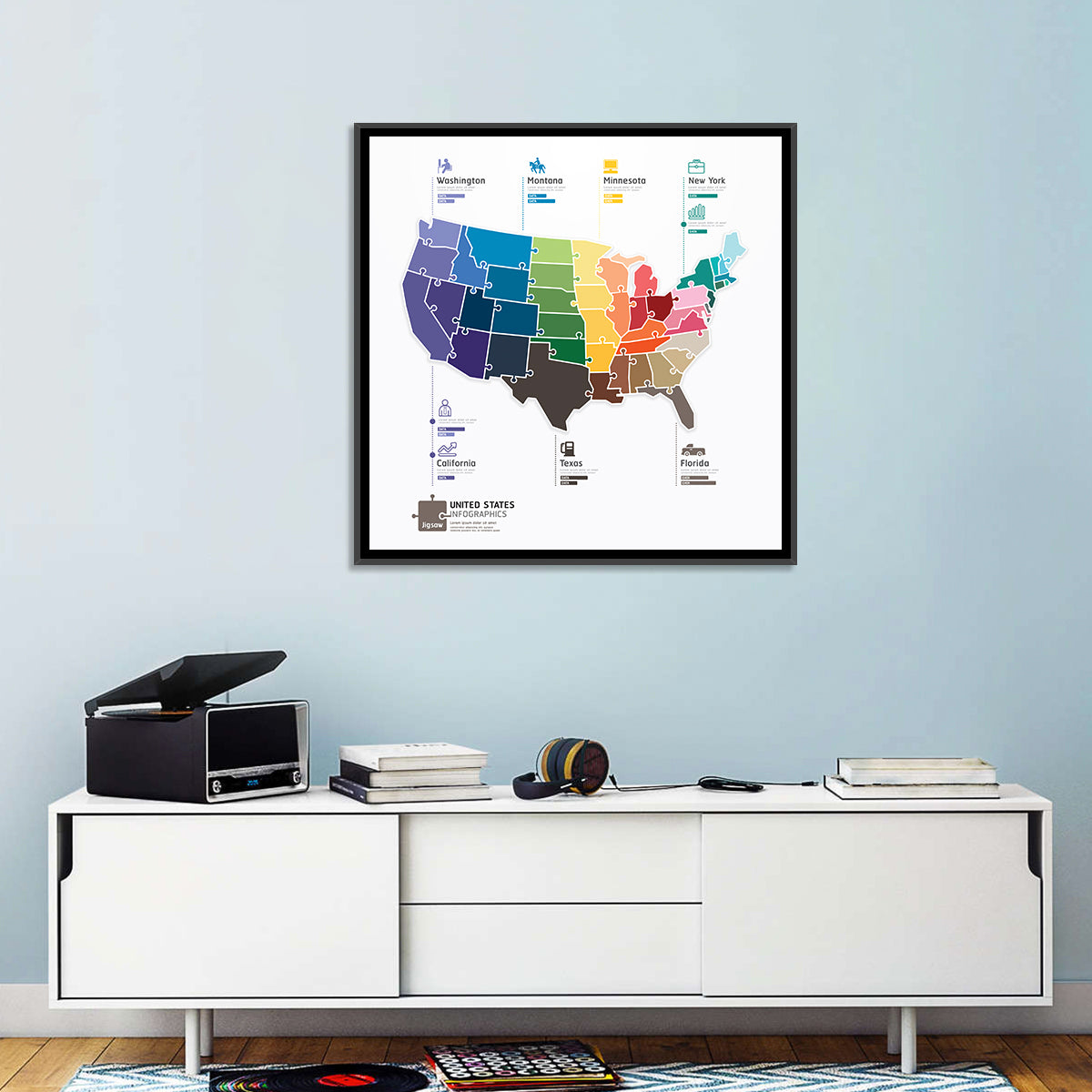 United States Jigsaw Map Wall Art in a room, square