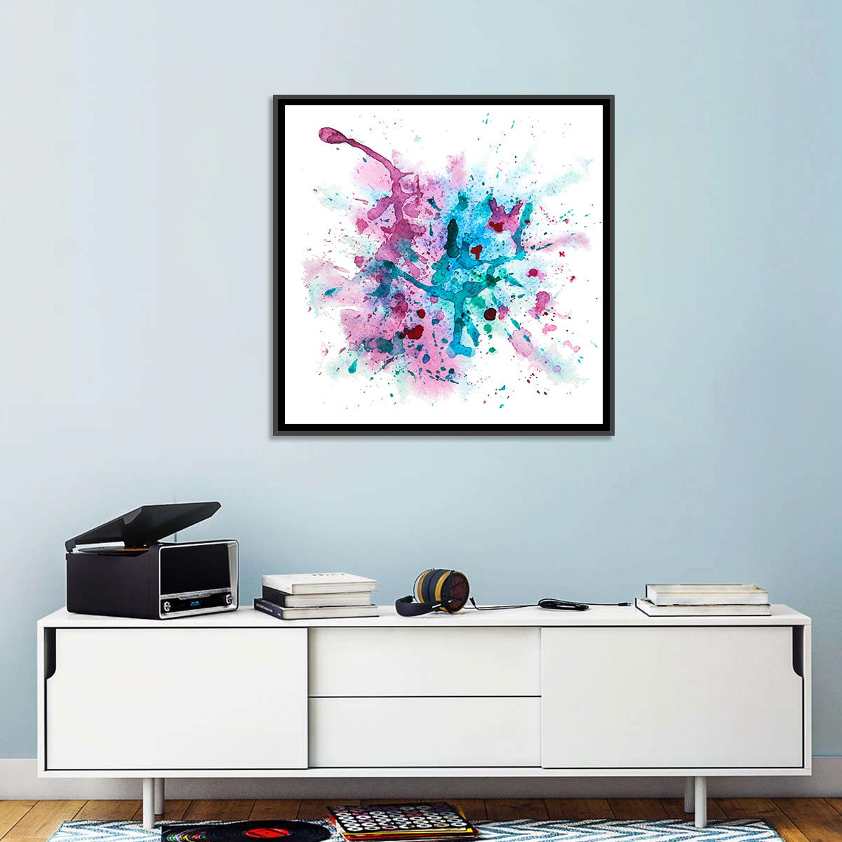 Magenta and Turquoise Splash Wall Art in a room, square