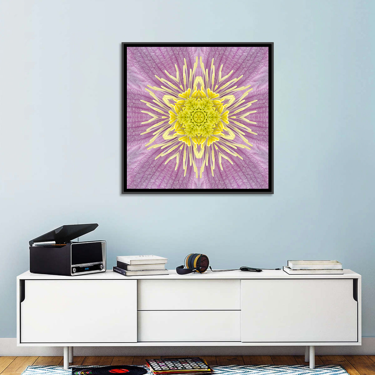 Kaleidoscopic Floral Mandala in Purple and Yellow Wall Art in a room, square