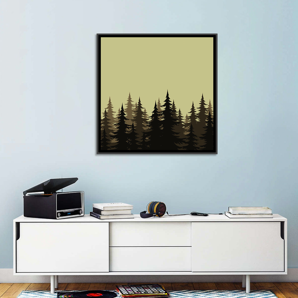 Fir Tree Silhouettes Wall Art in a room, square