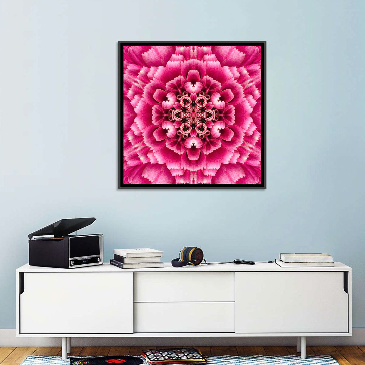 Kaleidoscopic Pink Chrysanthemum Mandala Wall Art in a room, square