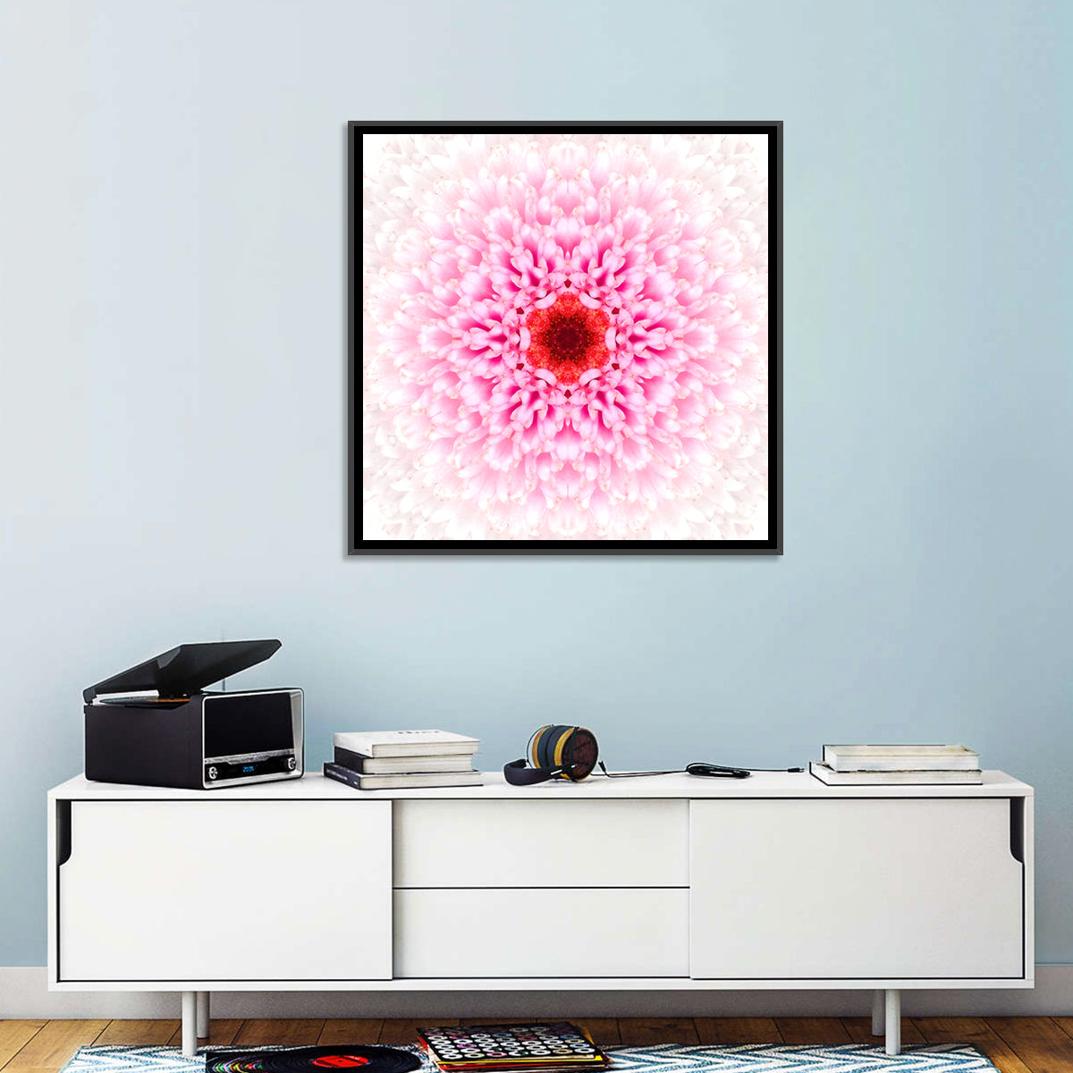 Pink Chrysanthemum Mandala with Deep Red Center Wall Art