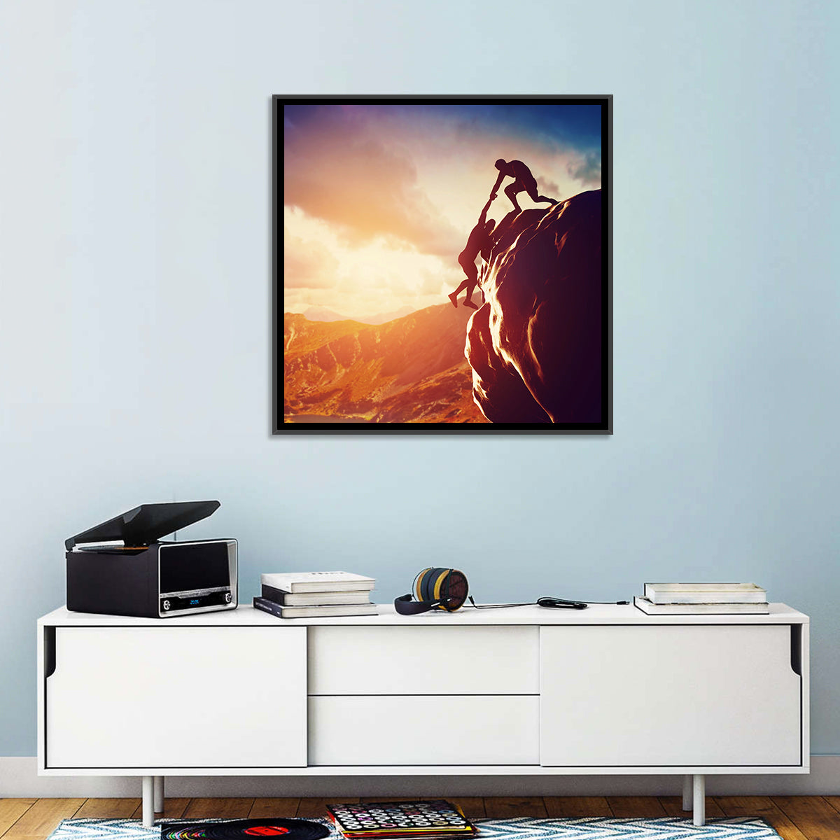 Two Hikers Summit Assist at Sunset Wall Art
