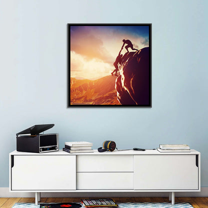Two Hikers Summit Assist at Sunset Wall Art