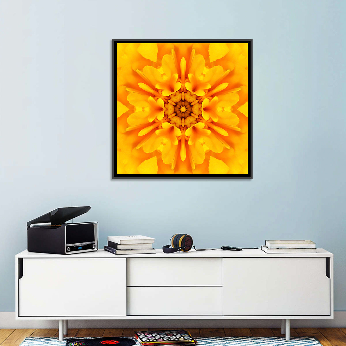 Golden Dahlia Mandala Wall Art in a room, square