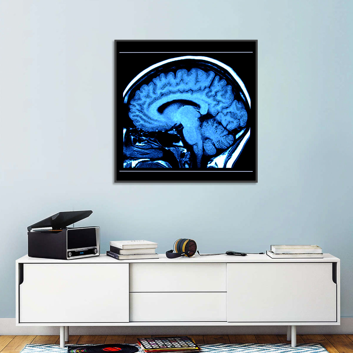 Sagittal Brain Mri Scan in Blue Wall Art