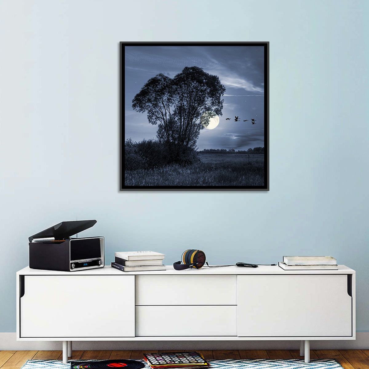 Moonlit Birds Over Quiet Field Wall Art