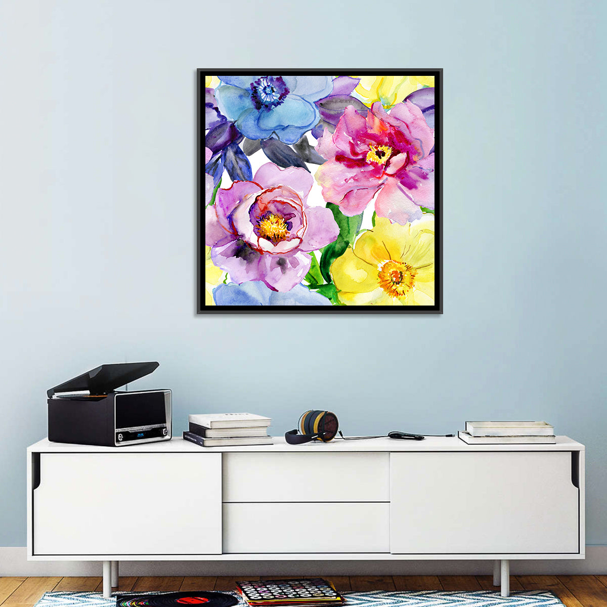 Vibrant Watercolor Floral Arrangement Wall Art in a room, square