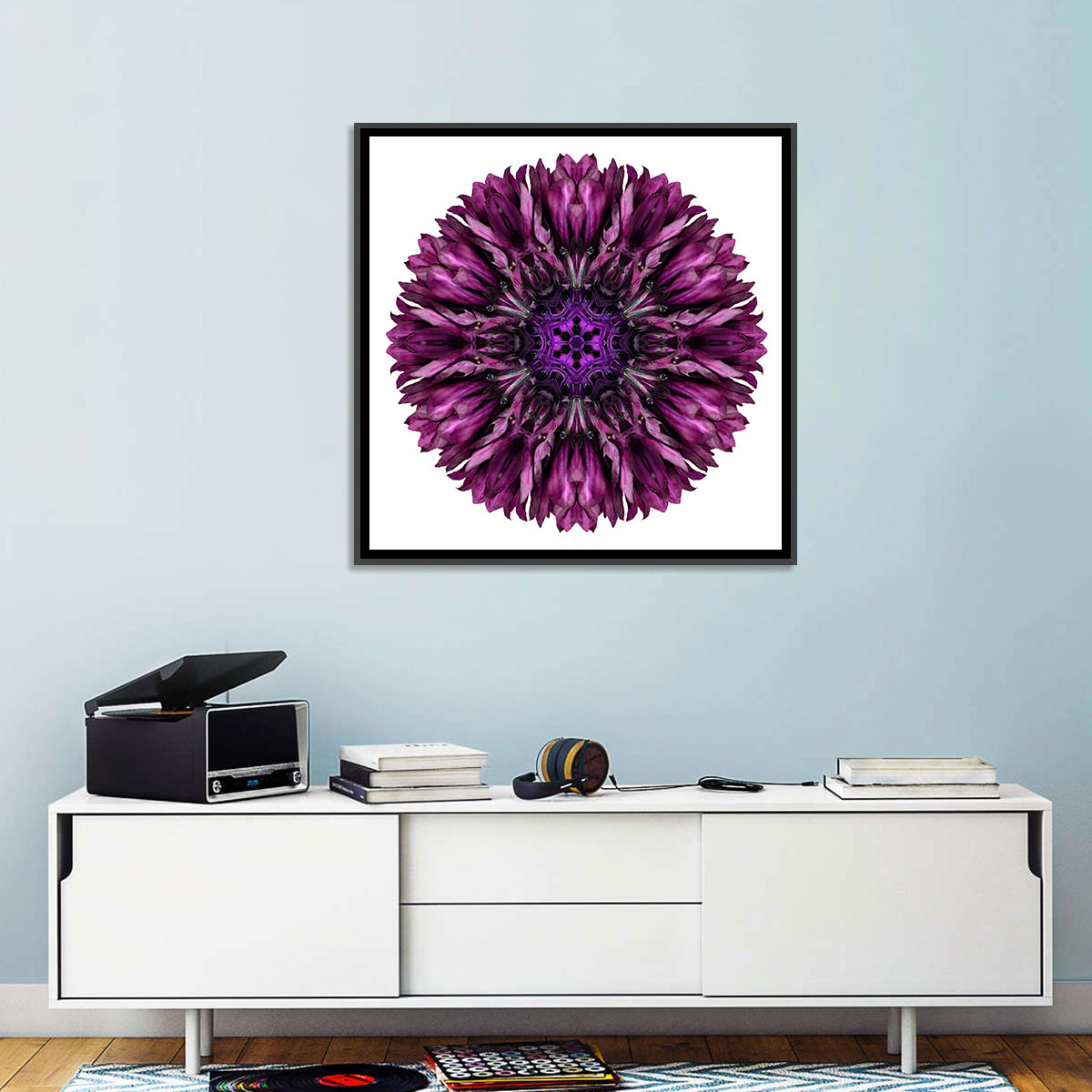 Purple Cornflower Kaleidoscope Mandala Wall Art in a room, square