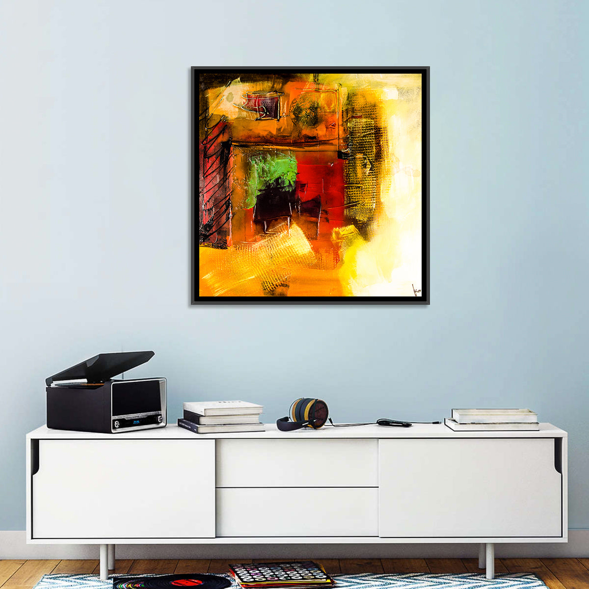 Layered Geometric Abstract in Warm Tones Wall Art in a room, square