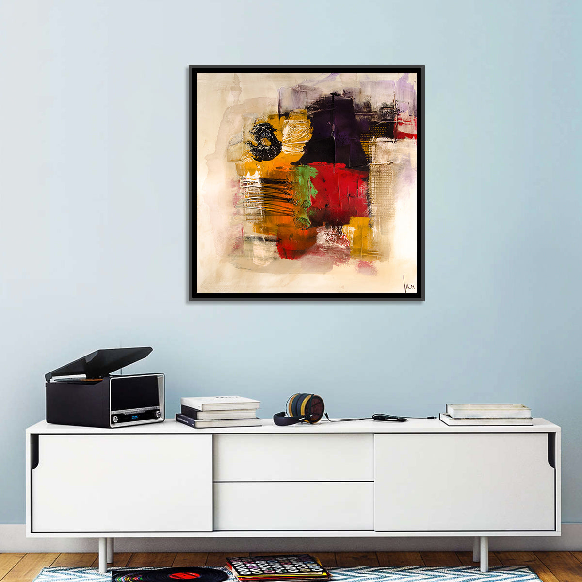 Bold Color Block Abstract with Black Circle Wall Art in a room, square
