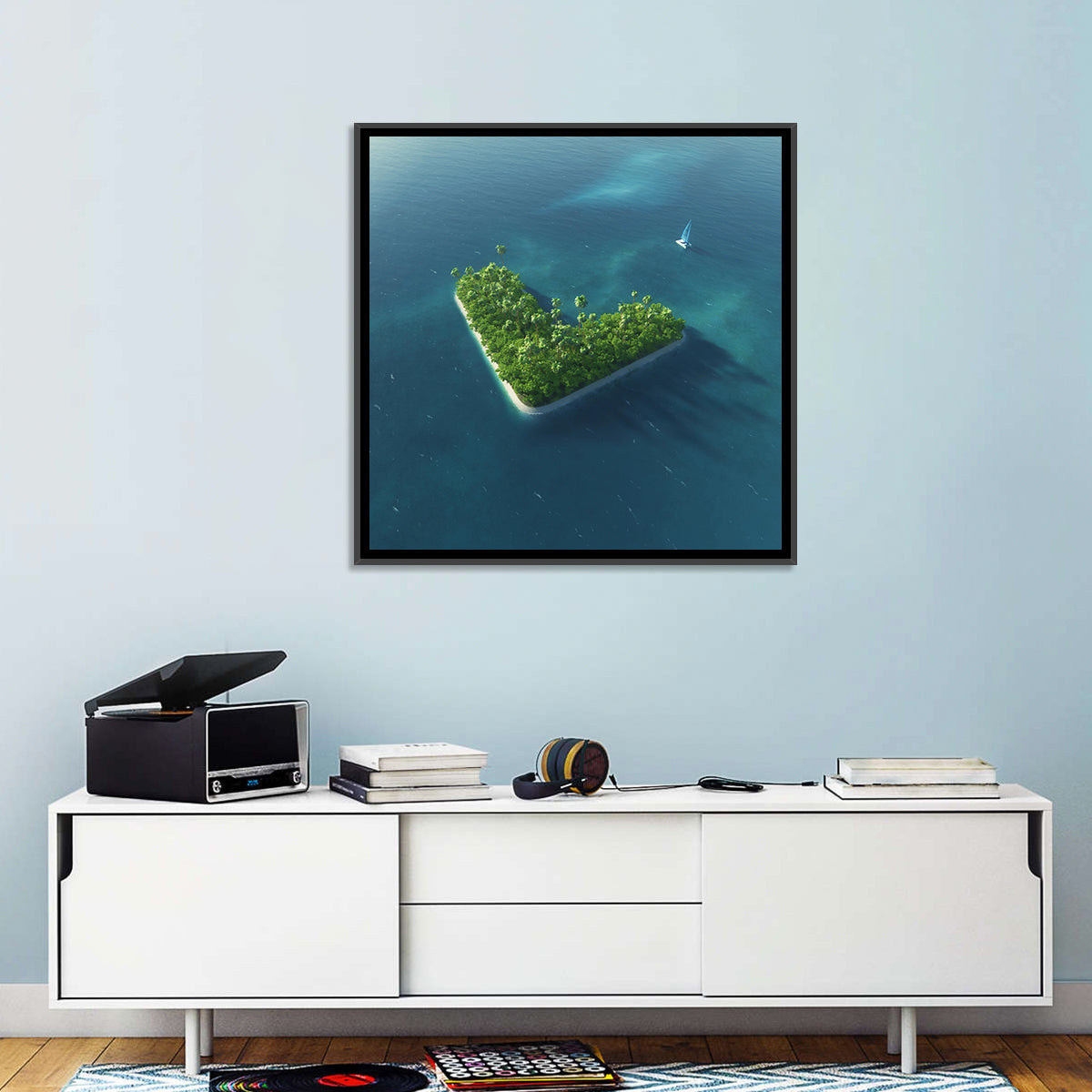 V-shaped Tropical Island with Distant Catamaran Wall Art