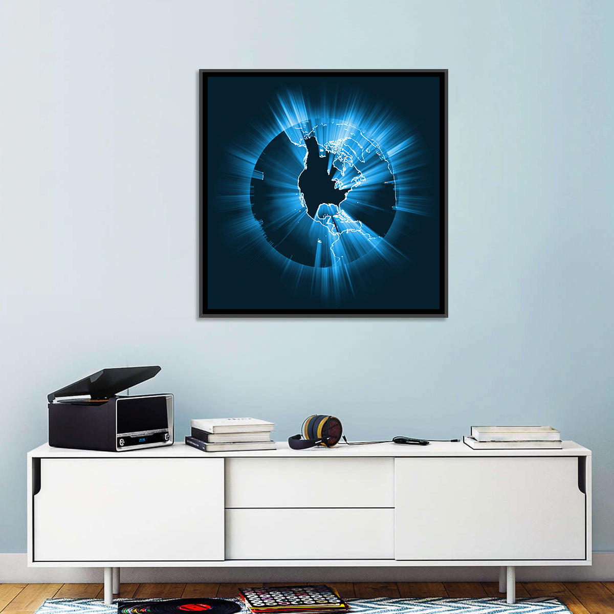 Glowing North America Globe Wall Art in a room, square