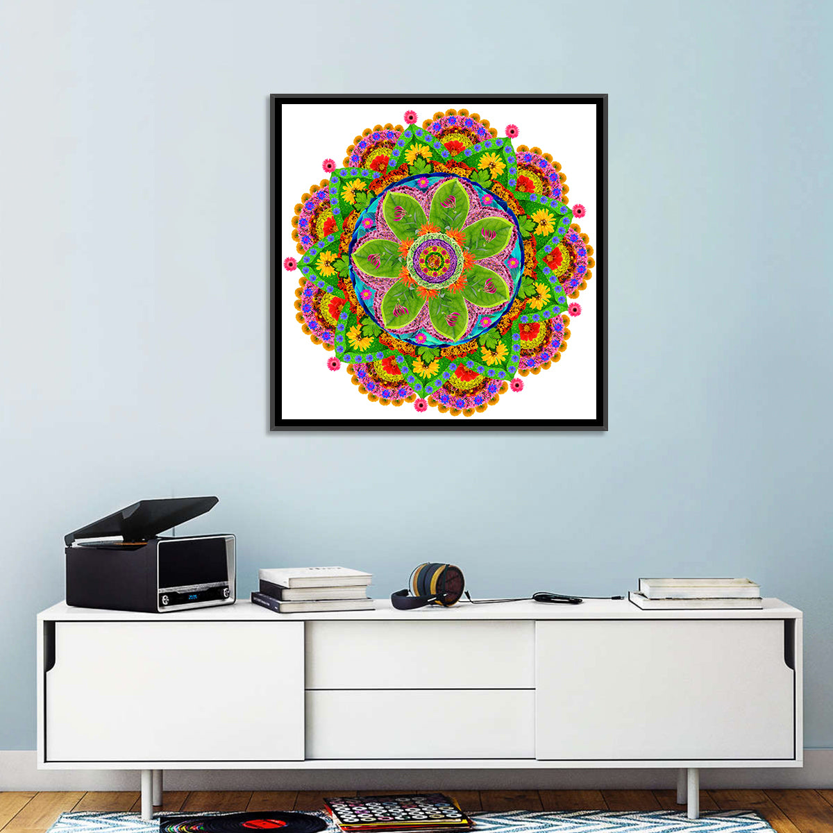 Vibrant Floral Petal Mandala Wall Art in a room, square