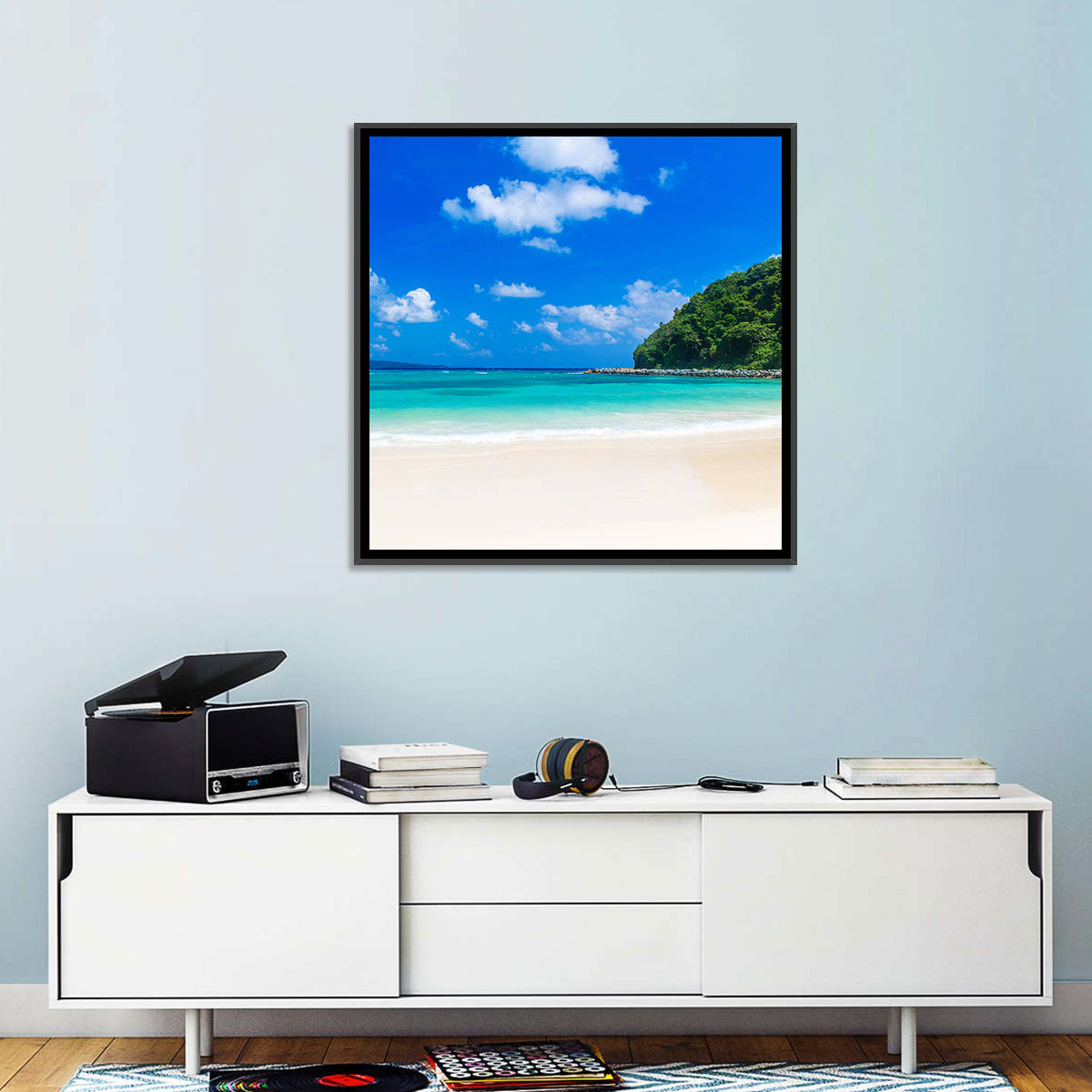 Turquoise Tropical Beach Scene Wall Art in a room, square
