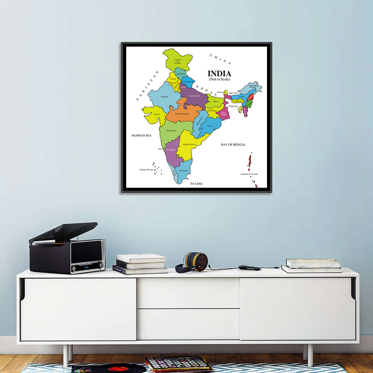 Colorful Political Map of India Wall Art in a room, square
