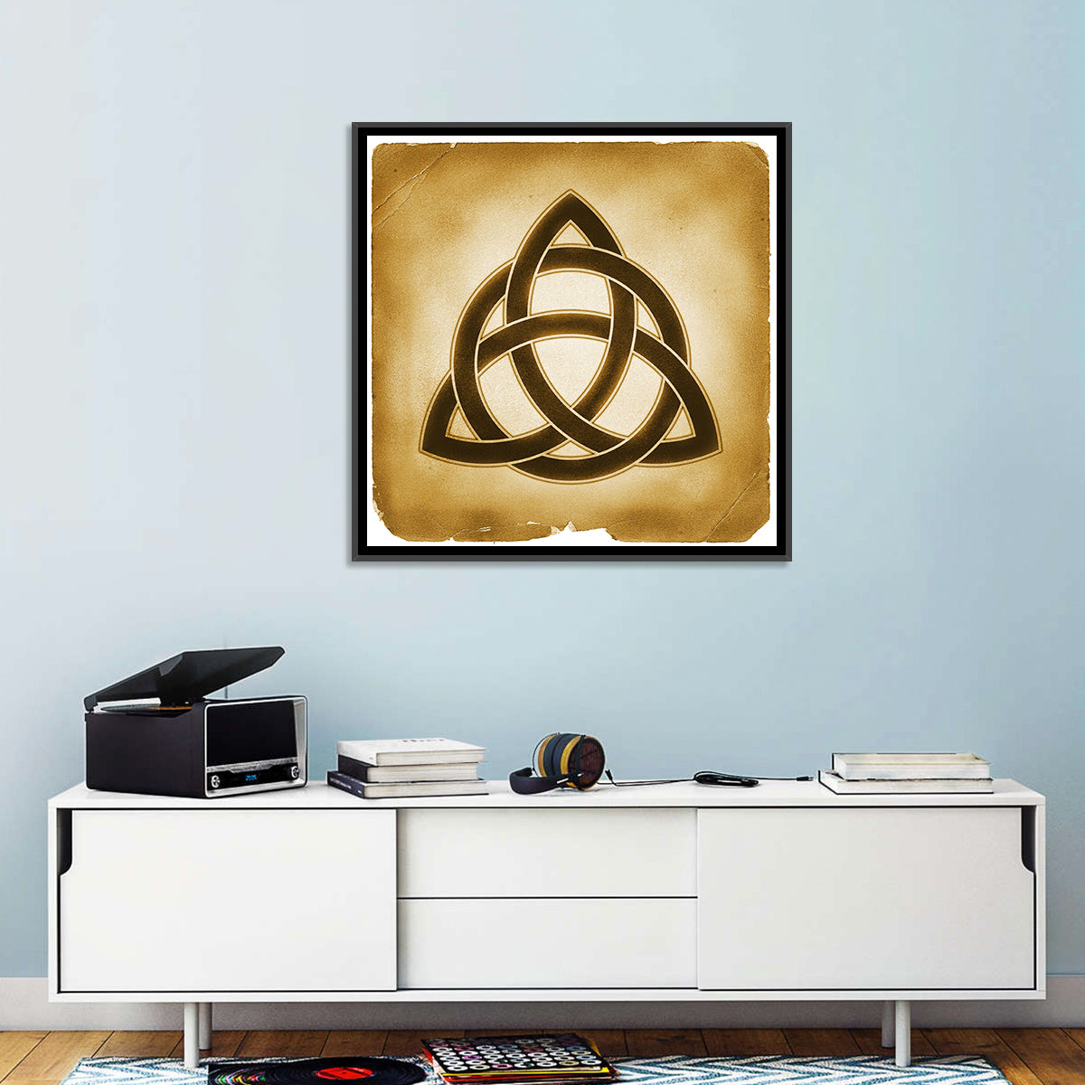 Embossed Trinity Knot Symbol Wall Art in a room, square