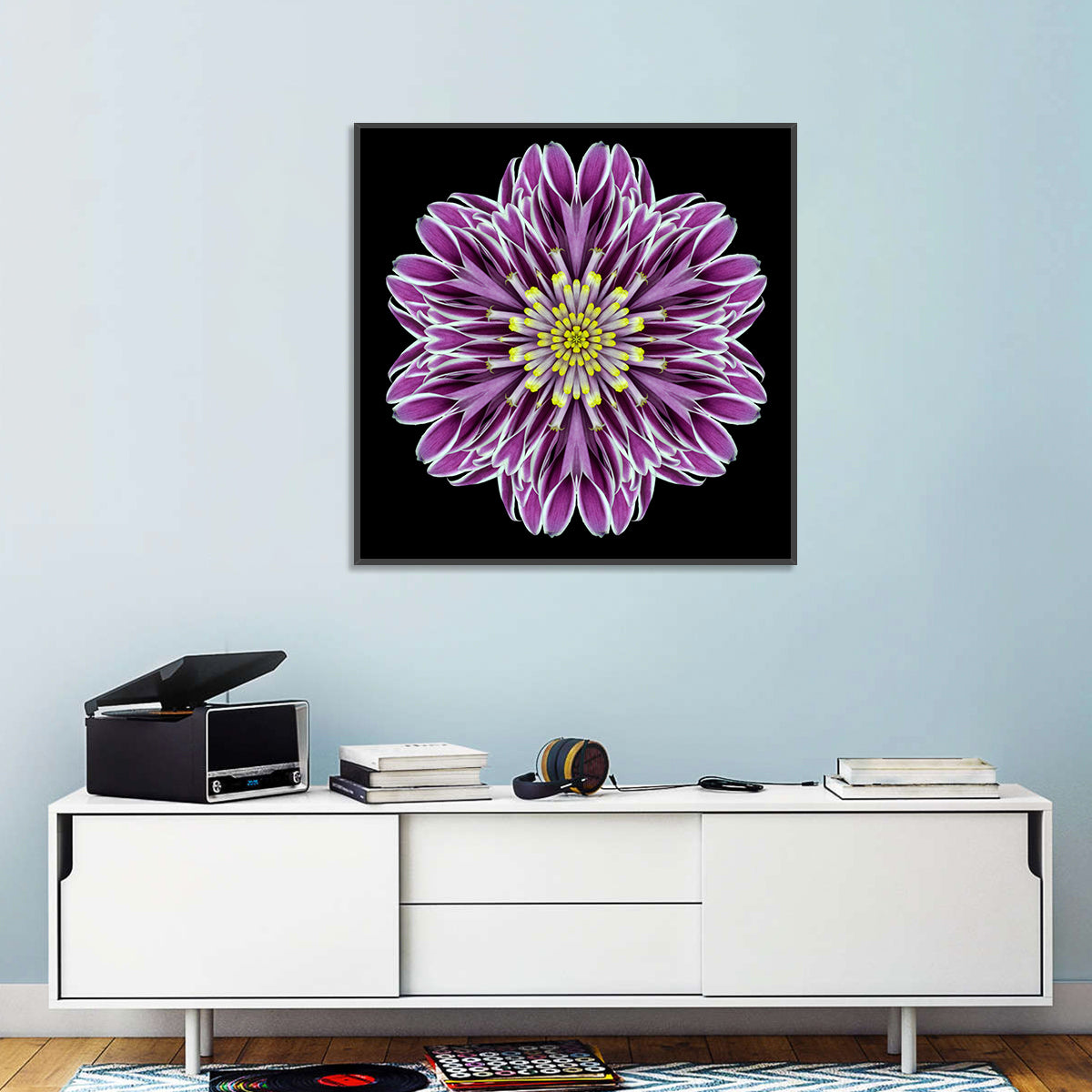 Kaleidoscopic Pink Floral Mandala Wall Art in a room, square
