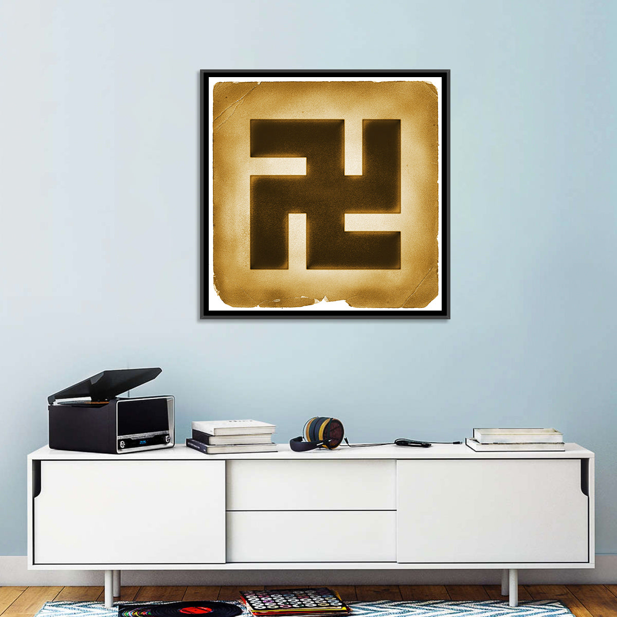 Buddhist Swastika Emblem Wall Art in a room, square